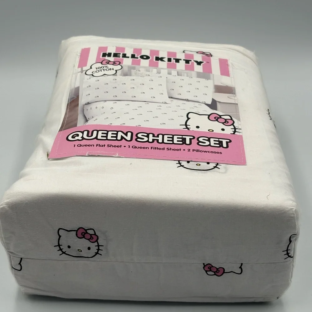 Hello Kitty White Queen Sheet Set Pink Bows 100% Cotton 4pc NWT Sanrio - Picture 5 of 5